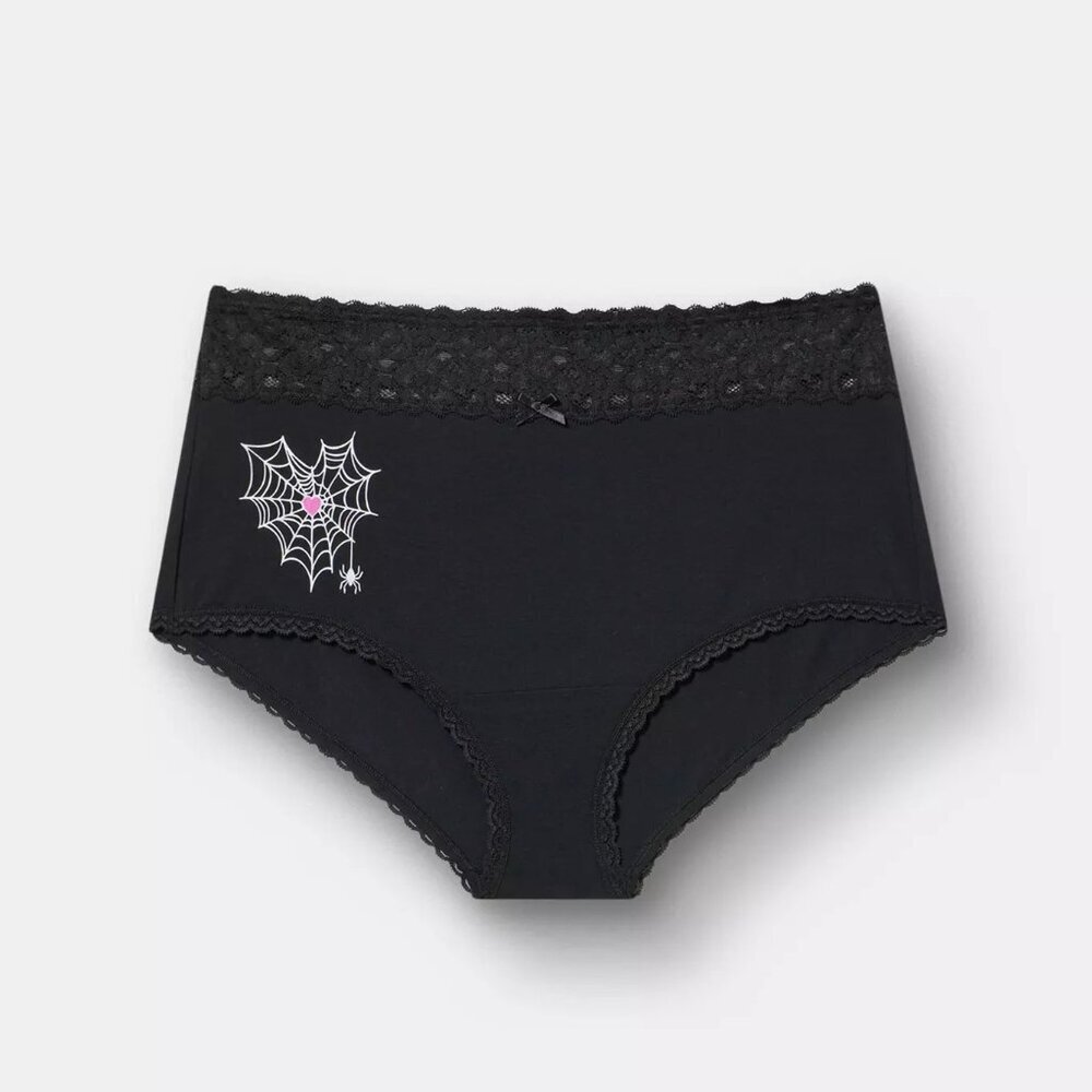 Torrid - Cotton Mid-Rise Lace Trim Brief Panty in Heart Web, Rich Black​​